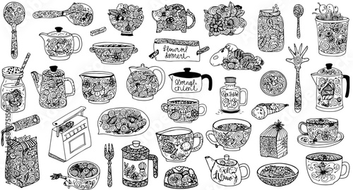 Intricate Black  White Zentangle Kitchenware  Food Doodle Art Collection