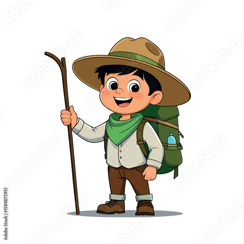 Happy Cartoon Boy Scout with Backpack and Stick