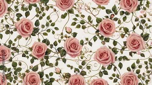 Wallpaper Mural Delicate pink roses and lush green leaves intertwined with elegant vines on a soft cream background Torontodigital.ca