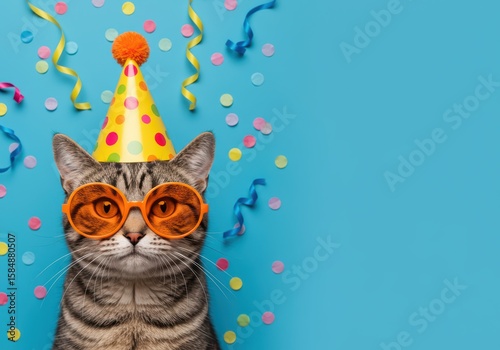 Cute tabby cat wearing orange big glasses and a yellow festive hat with colorful confetti and ribbons for celebration, birthday party card, invitation banner, or event.