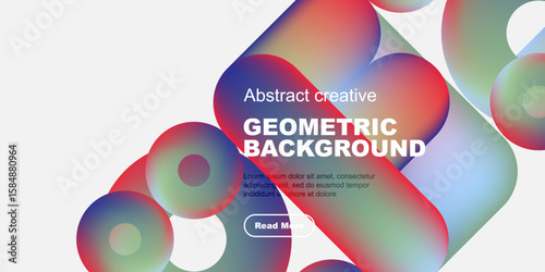 Abstract geometric shapes, vibrant colors, modern design. Text overlay includes geometric background, plus sample text, button.