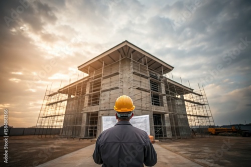 Construction worker examining plans at building site