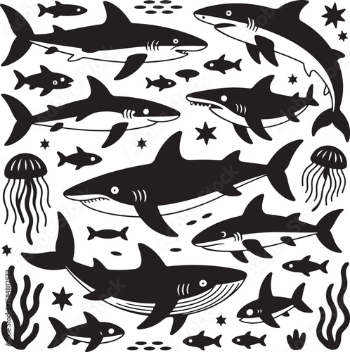 Diverse marine life with sharks and jellyfish ocean