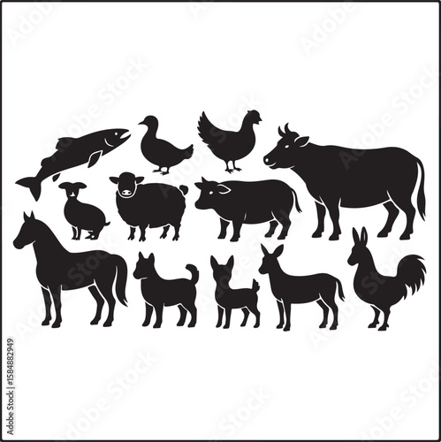 Farm animals and fish silhouettes horse