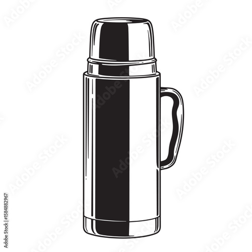 Black and white illustration of a vintage thermos with a handle flask container