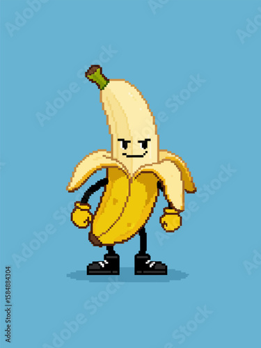 Smirking peeled banana character pixel art