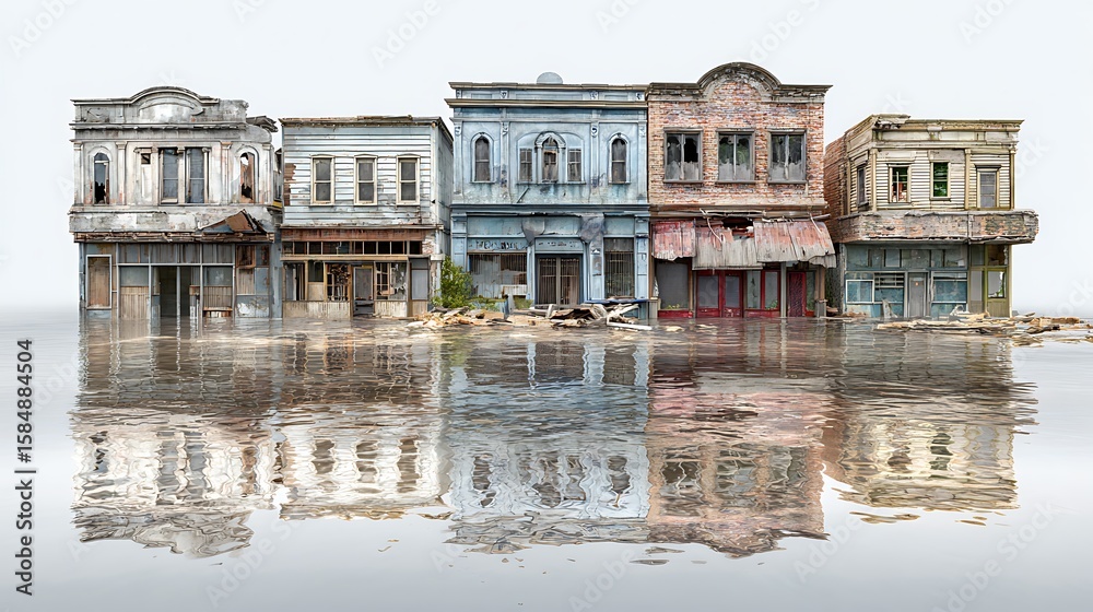 Fototapeta premium Dilapidated abandoned buildings submerged in floodwaters with reflections on the water surface