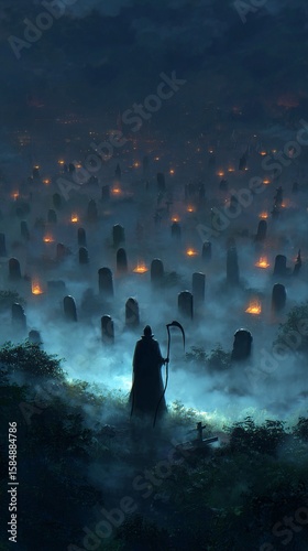 Halloween concept. A grim reaper overlooking a field of glowing tombstones.