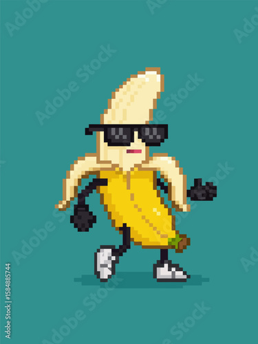 Cool peeled banana character wearing sunglasses pixel art