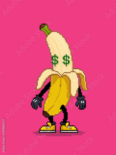Banana character with dollar icon eyes pixel art
