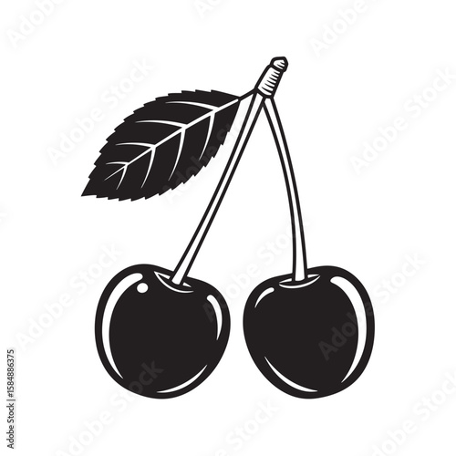Black cherries with leaf vintage Art fruit stem