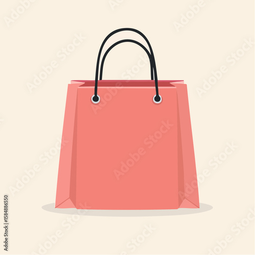 Minimal pink shopping bag with bold black handles on light beige background in simple vector style.