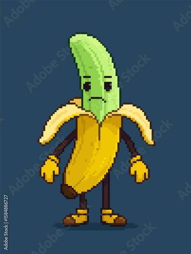 Sick, nauseated banana character pixel art illustration, green face
