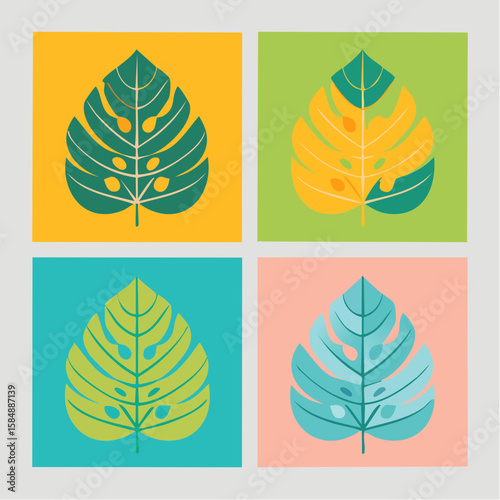 Set of four tropical leaf and abstract foliage patterns in bold contrasting colors in separate squares.