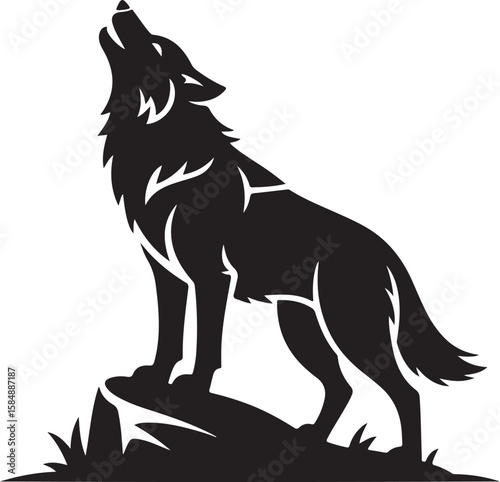 Black wolf howling on rocky ground silhouette animal