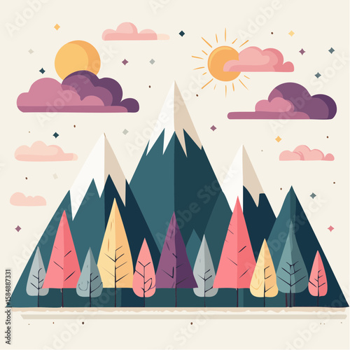 Flat vector art of a bright forest with colorful trees, purple snowy mountains, yellow clouds, and a pink sun on a cream background.