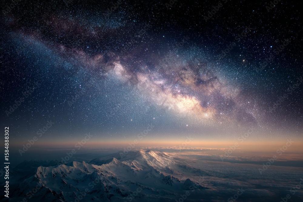 Naklejka premium Distant Mountains Under a Shimmering Milky Way Galaxy in the Quiet Night Sky