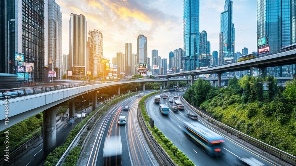 Fototapeta premium Futuristic Smart City with Highways and Skyscrapers at Sunset