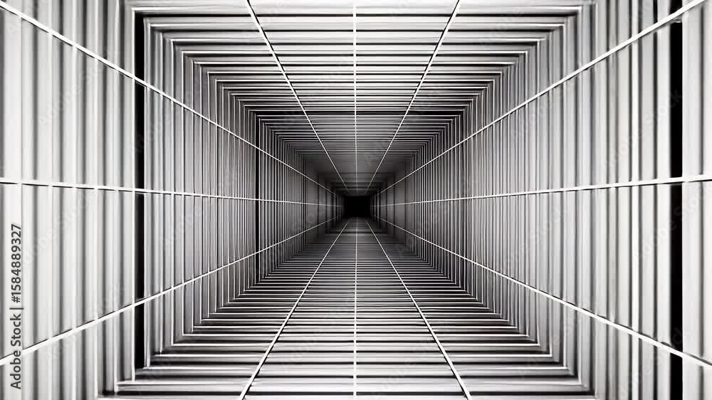 Futuristic tunnel with geometric light patterns creating an infinite perspective illusion