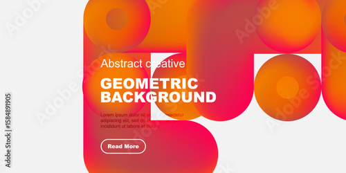 Abstract geometric background features vibrant orange, red gradients. Text overlay includes title, sample text, button. Modern design.