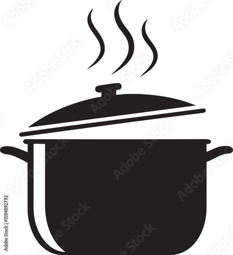 Dark silhouette of a cooking pot with steam rising isolated on transparent background