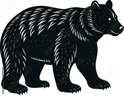Powerful walking bear in linocut texture, great for rustic nature themes.
