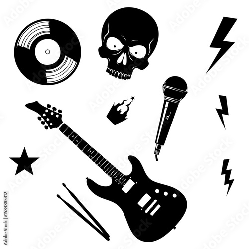 Rock Music Silhouette Icon Set – Guitar, Microphone, Skull and More in Black and White Vector