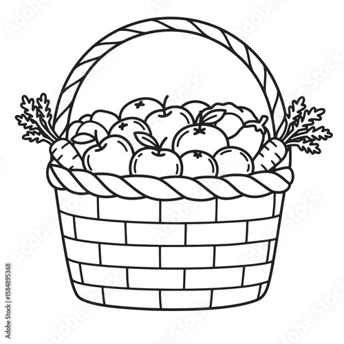 Harvest bounty overflowing woven basket with apples and carrots handle oranges