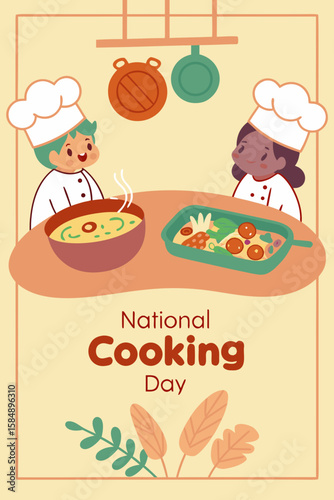 National Cooking Day cartoon illustration of two little chefs preparing tasty food