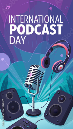 International Podcast Day poster illustration with microphone, headphones and speakers