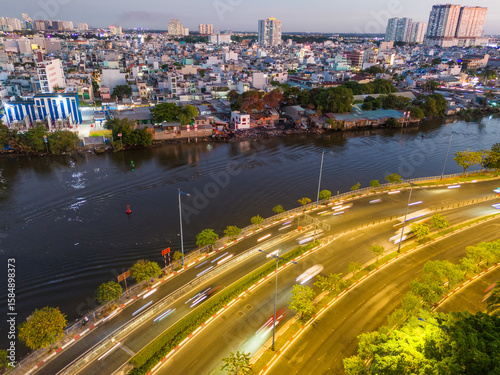 Panoramic view of Saigon, Vietnam from above at Ho Chi Minh City's central business district. Landscape concept.