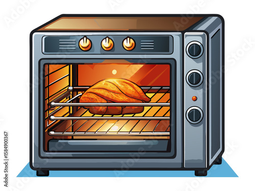 Realistic high-quality built-in oven with rotisserie function, isolated on white background. Modern kitchen appliance ideal for roasting rotisserie chicken in a suburban home. Vector illustration