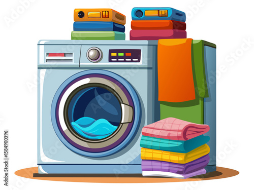 Realistic high-quality front-loading washing machine with colorful towels stuffed inside, isolated on white background. Modern home appliance showing laundry in process. Vector illustration