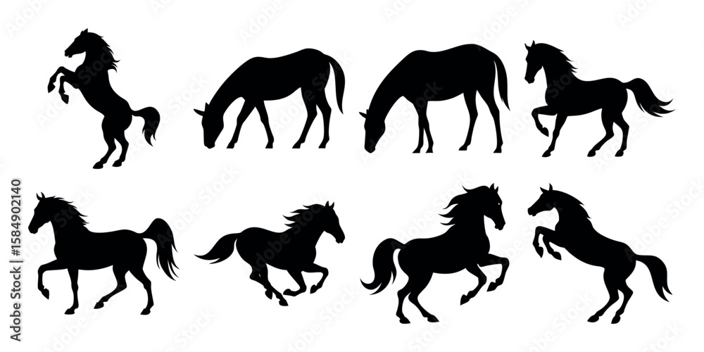 Fototapeta premium Collection of horse silhouettes in various poses isolated on white background