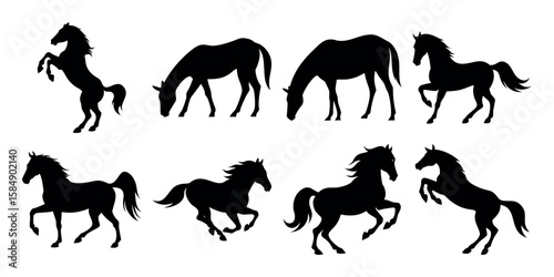 Collection of horse silhouettes in various poses isolated on white background