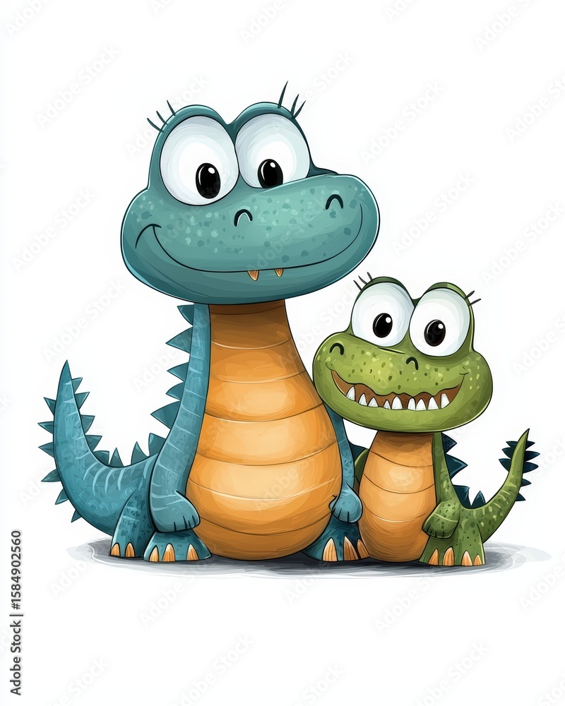 Fototapeta premium Cute Cartoon Dinosaurs Smiling Together in Bright Colors with Happy Expressions and Big Eyes