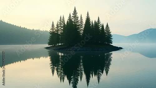 Island scene with tranquil lake and forest reflection perfect for relaxation backgrounds
