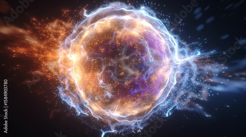 Abstract illustration of a glowing sphere surrounded by dynamic energy waves, creating a sense of movement and depth in a cosmic environment with vibrant colors and light effects