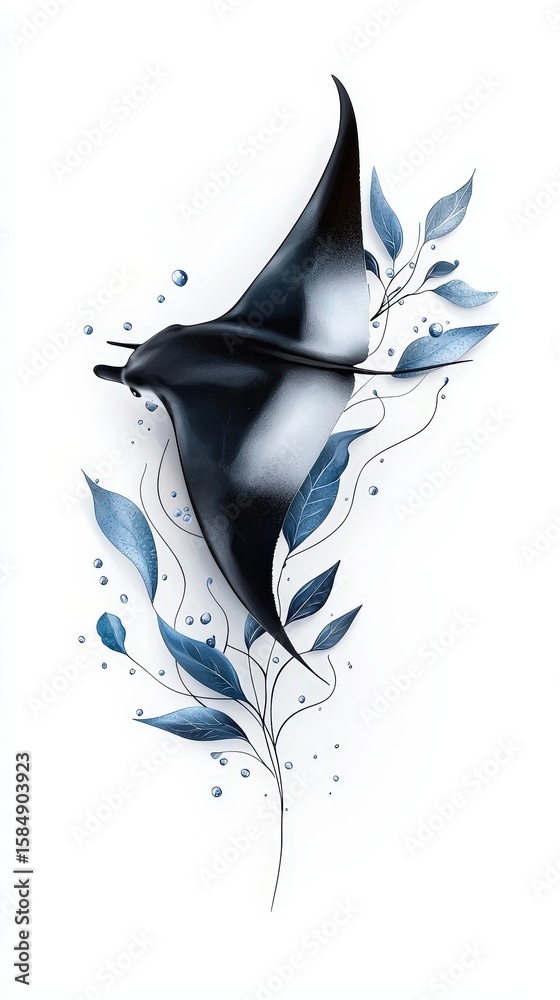 Obraz premium Artistic Representation of a Manta Ray with Elegant Floral Elements in Blue and White Shades