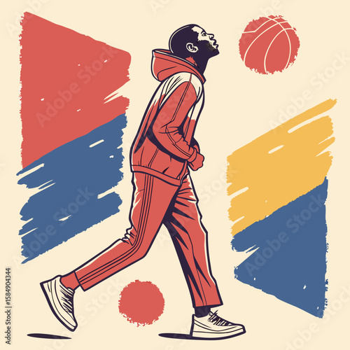 Stylish Young Man Walking, Retro Basketball Illustration, Bold Colors, Activewear