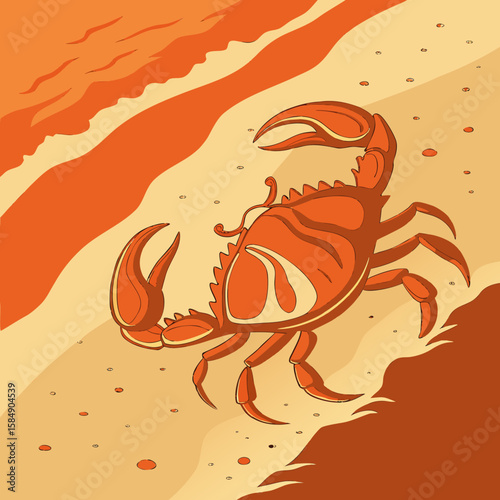 Stylized Orange Crab on Sandy Beach; Retro Summer Illustration; Coastal Design Element