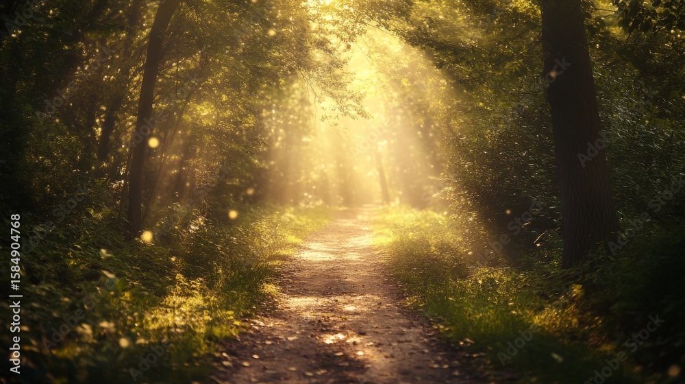 Fototapeta premium A sunlit path leads through a dense forest, bathed in a golden glow. The path is lined with lush greenery and the light creates a magical atmosphere.
