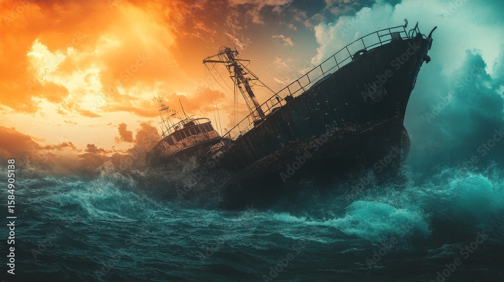 Fototapeta premium A weathered shipwreck is battered by stormy seas as the sun sets in the background.