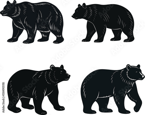 Strong linocut bear design walking icon set, perfect collection for retro nature illustrations.