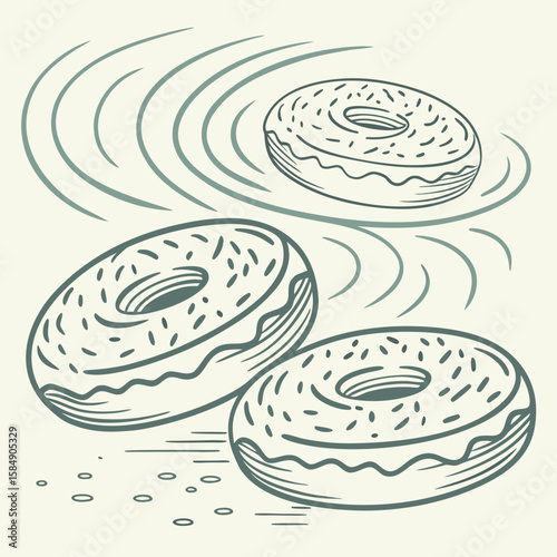 Three Sprinkled Donuts Skipping on Water; Vintage Line Art Illustration; Retro Style; Playful Mood