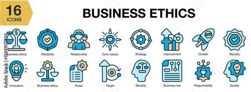 Business Ethics flat icon set. Includes ethics, business, integrity, honesty, and More. Flat icons vector collection.