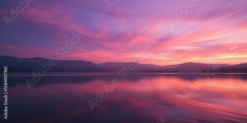 Serene purple twilight descends on a still lake, reflecting vibrant sky; distant misty mountains , background, digital