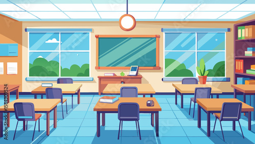Illustration of 1   modern classroom with tidy desks  big windows #4682