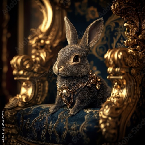 Rabbit lounging behind luxurious velvet curtains in an opulent, richly decorated room.