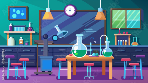 Illustration of 8   science lab classroom with lab tables  flasks #8814